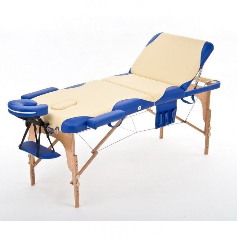 Массажный стол складной деревянный Med-Mos JF-AY01 3-х бежевый с синей волной МСТ-103Л (PW3.20.12A)