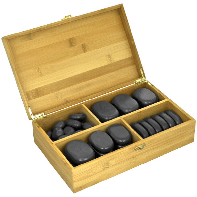 Набор массажных камней из базальта в коробке из бамбука (36 шт.) Med-Mos НК-1Б
